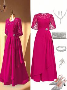 Ellevyn Women's Elegant Long Contrast Lace Dress With Cape Design - Hot Pink - View 10