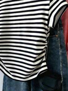 Tween Girls Classic Black And White Striped Round Neck Side Ruched Fitted Short Sleeve T-Shirt,Casual Summer School Back To School Essential Tee - White - View 4