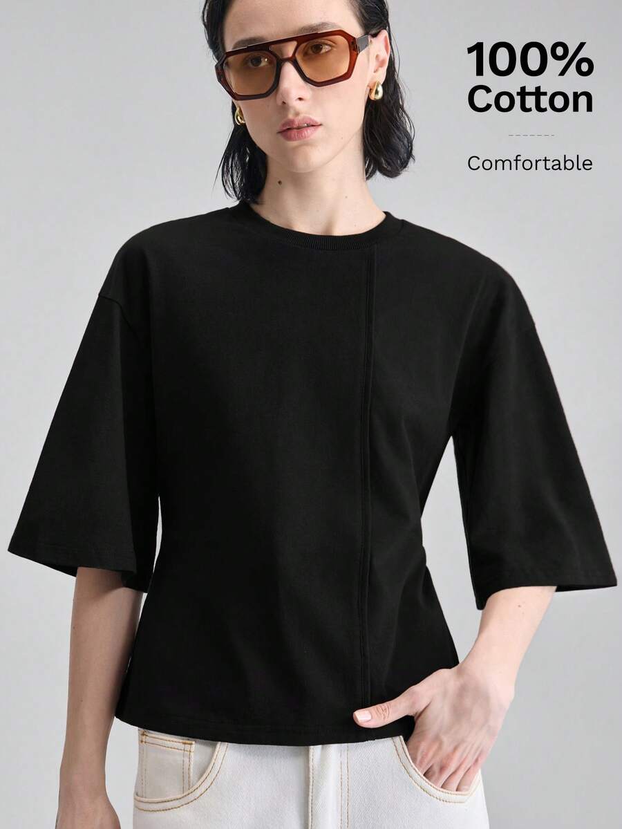 Ontre Đầm T-shirt dáng suông eo cao, cổ búp bê, mẫu mới mùa xuân/hè 2026, phù hợp cho các bữa tiệc thành thị hiện đại, mùa tựu trường, phong cách tối giản thành thị thường ngày, phong cách Bohemian, kỳ nghỉ, lễ hội, buổi hòa nhạc nhạc đồng quê, trang phục ngày lễ cho nữ, lễ Phục sinh, trang phục nghỉ hè. - màu đen - Xem 1