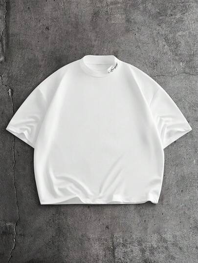 EASEVO Men's Casual Loose Short Sleeve T-Shirt, Plus Size White Embroidered Mandarin Collar