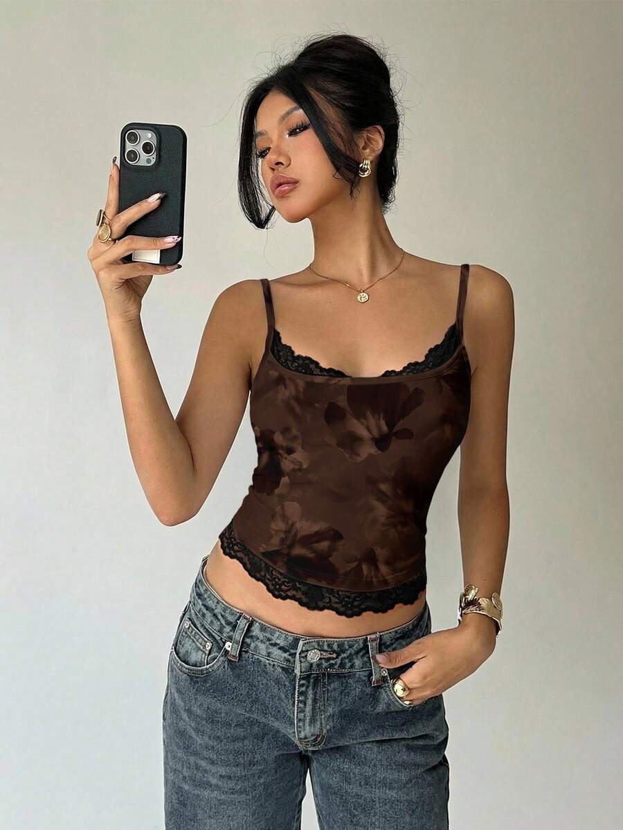 Aloruh 女士性感Y2K复古花卉印花蕾丝拼接吊带背心,适合外出、海滩度假,时尚、浪漫、优雅 - 白色 - 查看 1