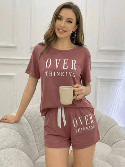 Conjunto de 2 piezas de pantalón y/o Short  blusa de manga Corta de cuello redondo de unicolor, de punto jacquard, holgado y casual para mujer, ropa de otoño e invierno