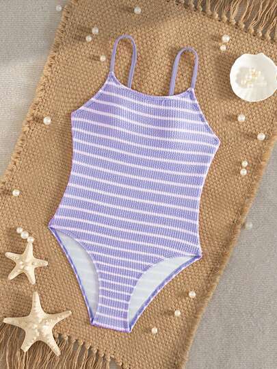SHEIN Tween Girls Striped Wavy Knit Fabric One-Piece Swimsuit, Suitable For Summer Vacation & Beach