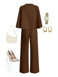 Franclia 女士优雅法式圆领收腰连体裤，冬季休闲束腰装 - 棕色 - 查看 2