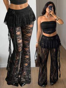 Coolane Trang phục nữ cỡ lớn mùa hè/xuân, phong cách hippie đường phố, trang phục phương Tây, phong cách boho Y2K Gyaru, váy xếp ly ruy băng hoa ba chiều, quần ống loe. - màu đen - Xem 4