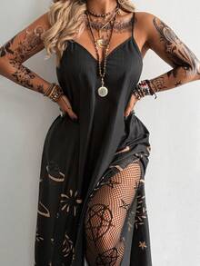 SHEIN Whyspr Plus Size V-Neck A-Line Floral Print Dress, Dark Aesthetic Gym Brown Summer - Black - View 5
