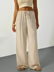 SHEIN Tall Quần ống rộng dáng suông kẻ sọc bằng cotton, cạp chun, thích hợp cho nữ đi làm hàng ngày và đi nghỉ mát, du lịch, phong cách thường ngày, Y2K, mùa hè, xuân, ngày Valentine. - Màu be - Xem 7