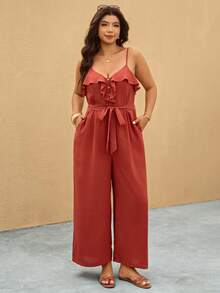 Elaquor Plus Size Women Solid Color Ruffle Hem Wide Leg Jumpsuit Wide Leg Jumpsuits Jumpsuits For Women Outfits For Women Casual Vacation Outfits For Women - Redwood - View 4