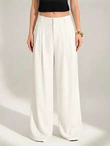SHEIN Tall 老钱风性感商务休闲高腰褶裥阔腿裤 – 优雅纯色宽松长裤，专业办公着装，时尚修身女士工作裤 - 白色 - 查看 3