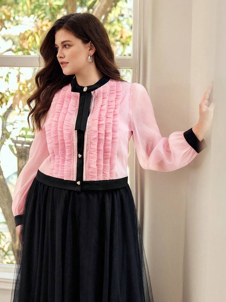 PLUS SIZE CONTRAST BINDING FILL DETAIL BLOUSE