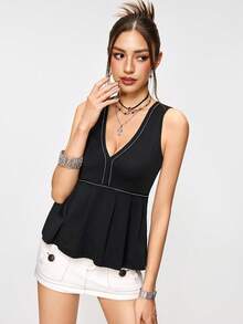 女士V领撞色滚边荷叶边休闲背心 - 黑色 - 查看 7