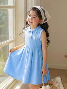 SHEIN 女童翻领修身无袖连衣裙，Polo领“67”数字蝴蝶结装饰百褶裙，休闲时尚优雅，适合派对、上学、运动等场合，夏季蓝色连衣裙 - 藍色 - 查看 7