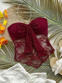 Franclia Top tubo casual de mujer con dobladillo de encaje en contraste rojo, adecuado para salidas, viajes, uso diario, vacaciones y días festivos - Rojo - Ver 1