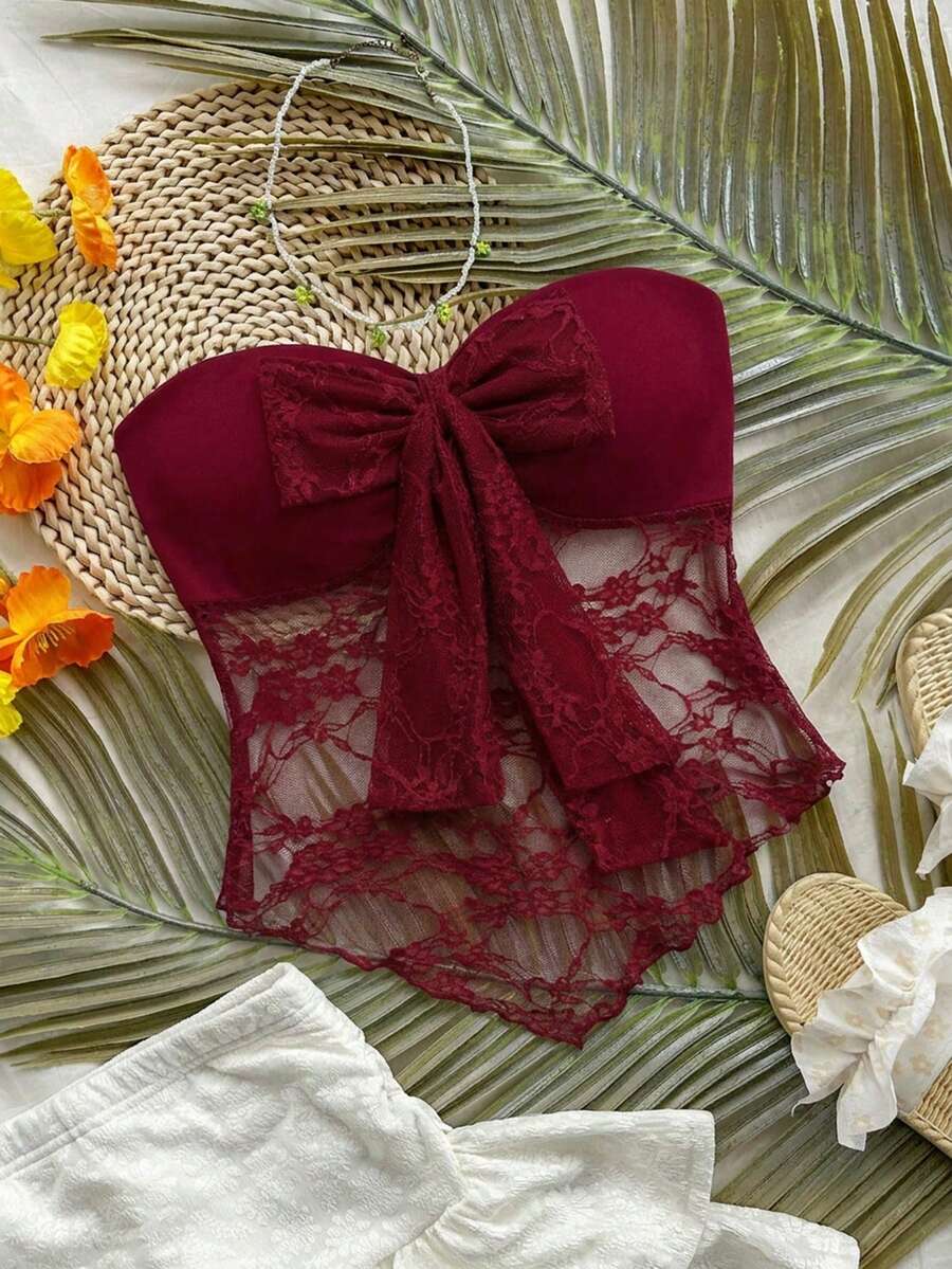 Franclia Top tubo casual de mujer con dobladillo de encaje en contraste rojo, adecuado para salidas, viajes, uso diario, vacaciones y días festivos - Rojo - Ver 1