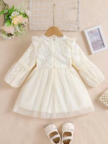 Đầm lưới jacquard họa tiết hoa kiểu công chúa ngọt ngào cho bé gái, màu mơ, thích hợp cho các chuyến đi chơi mùa xuân, chụp ảnh, tiệc sinh nhật và nhiều dịp khác. - Màu be - Xem 2