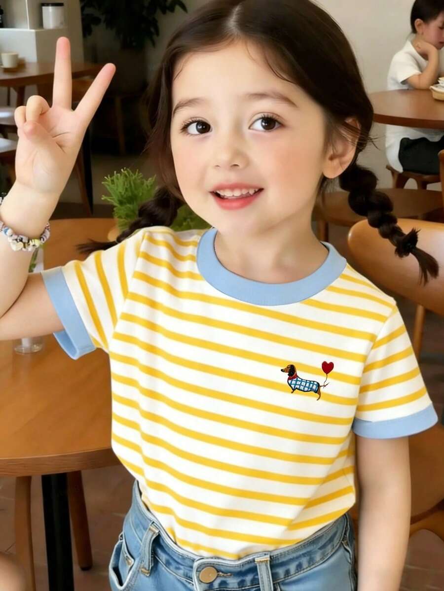Souflis Souflis 2026春夏新款女童时尚休闲舒适度假风黄蓝仿刺绣爱心狗狗印花短袖圆领T恤，适合夏季穿着 - 彩色 - 查看 1