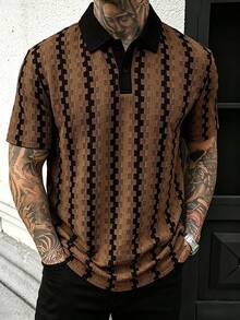 Manfinity Homme 男士撞色 Polo 衫，复古几何提花休闲上衣 - 咖啡棕 - 查看 5