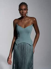 Elitara 优雅奢华性感针织亮片露肩猫领腰部流苏装饰修身连衣裙，适合鸡尾酒会、晚宴、展览、商务活动和其他正式场合。 - 霧霾藍 - 查看 4