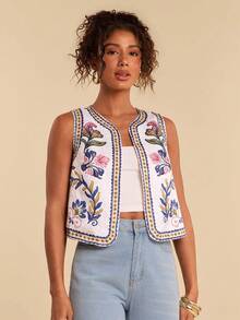 Travachic 女士度假休闲花卉刺绣背心 - 白色 - 查看 6