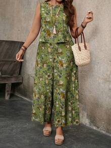 Breezaya 加大码女式印花圆领无袖阔腿裤两件套，夏季 - 綠色 - 查看 1