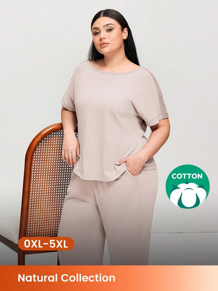 Plus Size Soft 100% Pure Cotton Round Neck Pajama Set