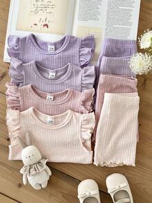 SHEIN 8件套/女婴0-3岁春夏新款休闲日常外出可爱纯色针织不对称罗纹短袖背心T恤上衣和短裤8件套 - 彩色 - 查看 8