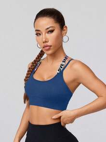 Dewbera Dewbera Sexy Criss-Cross Back Print Camisole With Adjustable Straps, Sports Bra With Removable Pads - Navy Blue - View 6