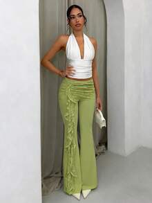 SHEIN Glamour Women's Elegant Chic Lime Green Slim-Fit Lace Patchwork Ruched Long Pants, Suitable For Summer Vacation Party - Green - View 5