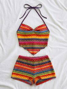 Soleia 春夏新款休闲度假西部海滩婚礼宾客着装毕业早午餐女装圣帕特里克节春假复活节音乐节优雅波西米亚热带彩色条纹吊带背心两件套 - 彩色 - 查看 3