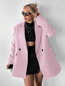 Ritzy Row Blazer Wanita Kasual Ukuran Besar dengan Bantalan Bahu, Panjang Sedang, Kancing Ganda - Baby Pink - View 3