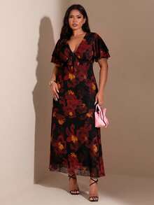 SHEIN BAE Plus Size Women Purple Floral Ruffle Sleeve Dress - Multicolor - View 4