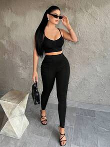 SHEIN SXY Black Leather Street Style Leggings - Black - View 4