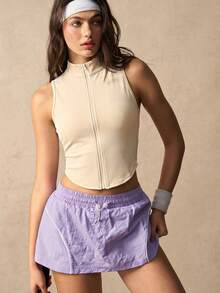 VARSIVA Tank Top Olahraga Wanita Warna Polos dengan Kerah Tegak dan Resleting Depan - Aprikot - View 5