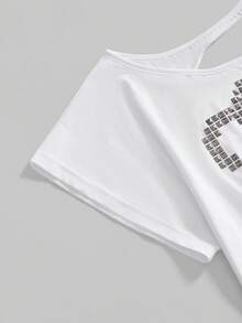 ROMWE Grunge Punk Women's Casual Rivet Ripped Backless Asymmetrical Shoulder Daily Wear Short Sleeve T-Shirt - White - View 4