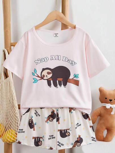 2pcs/Set Teenage Girls' Minimalist Black Cat Print Crew Neck Short Sleeve Top And Shorts Pajama Set