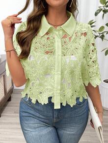Vionelle 大码花卉蕾丝镂空女式夏季度假衬衫 - 綠色 - 查看 4