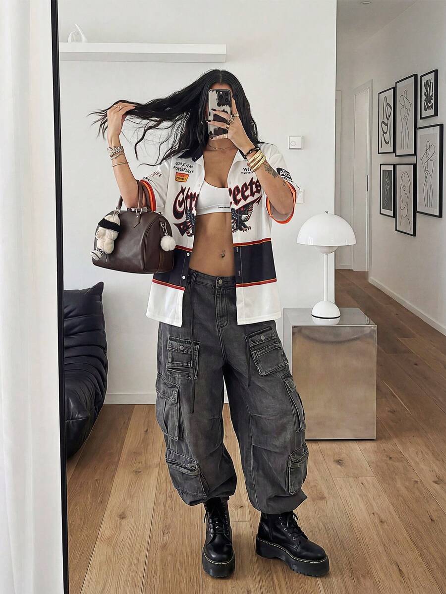StreetHx Women's 2000s Style Y2K Clothes, Black Casual Streetwear, Loose Fit Graphic Print Shirt - White - View 1