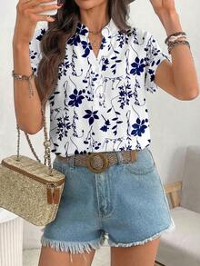EMERY ROSE Kemeja Wanita Lengan Pendek Kasual Kerah Berlekuk Motif Bunga, Musim Semi/Panas, Atasan Musim Panas - MultiWarna - View 5