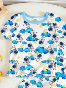 Bộ đồ ngủ tay ngắn ôm sát in hình phi hành gia và mây cho bé trai, thích hợp cho mùa xuân/hè. - trắng - Xem 6
