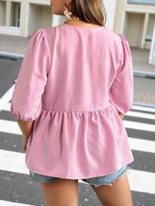 Vionelle Camisa Casual de Férias com Decote em V, Amarração e Borlas em Tecido Liso para Mulheres Plus Size - Rosa chiclete - Visão 2