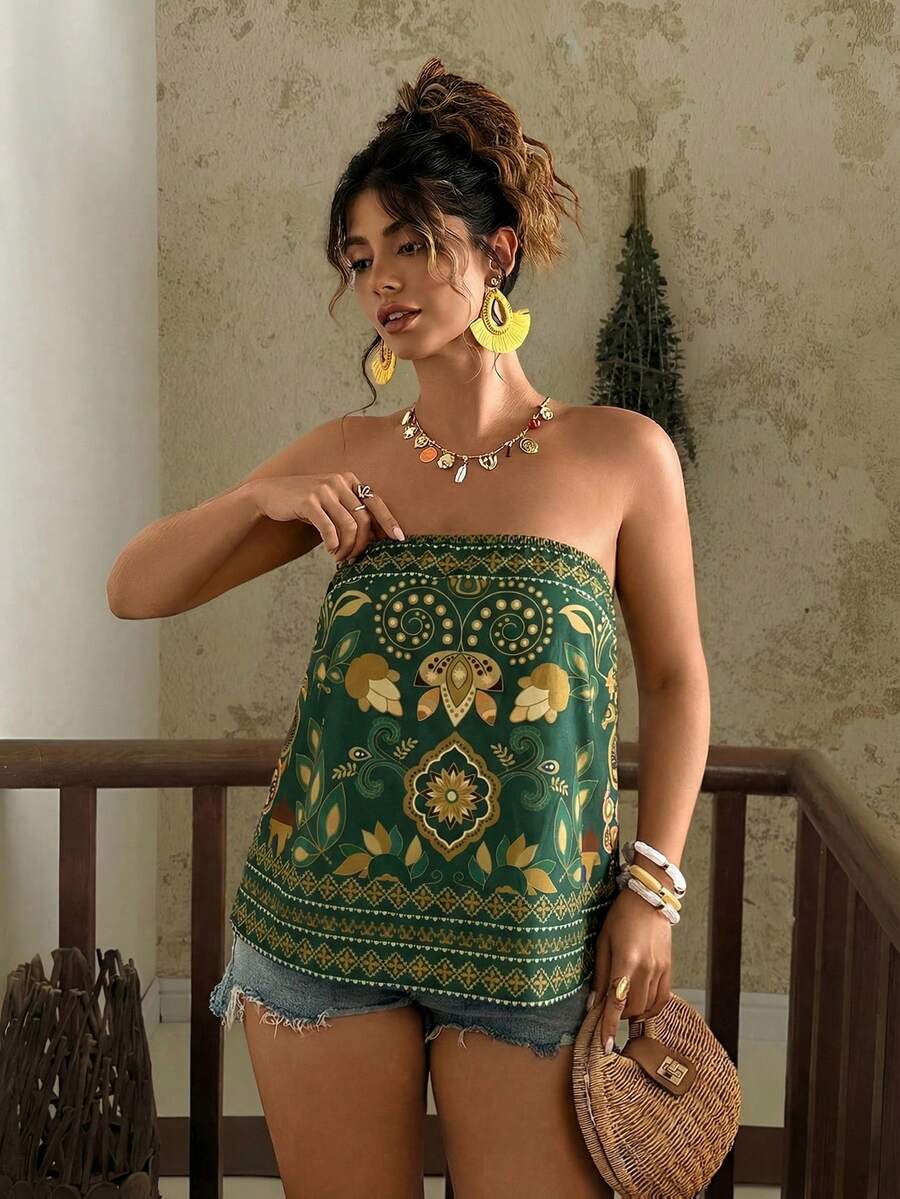 SHEIN TRVLCHIC 大码女式夏季印花抹胸上衣 - 綠色 - 查看 1