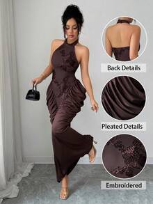 Modelyn 棕色网纱提花刺绣露背褶皱设计连衣裙，优雅时尚 - 棕色 - 查看 7