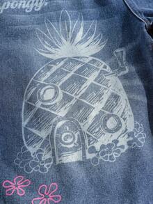 SpongeBob SquarePants | SHEIN Men's Graphic & Letter Print Frayed Edge Slant Pocket Denim Shorts - Blue - View 6