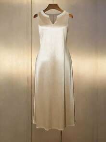 Weeklong V-Neck Pearl Collar Sleeveless A-Line Satin Maxi Dress, Elegant Party Dress For Plus Size, Spring/Summer - Apricot - View 3