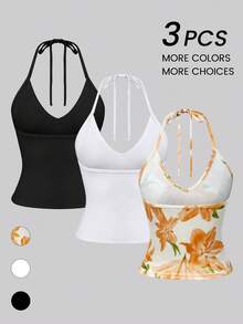 Sweetra 3pcs/Set Summer Casual Backless Halter Neck Sports Tops - Multicolor - View 2