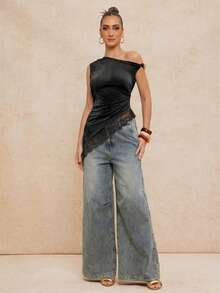 Women's Solid Color Asymmetric Hem Contrast Lace Asymmetrical Shoulder Top,Summer Top - Black - View 3
