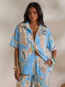 Opulessa 女士度假印花宽松梭织衬衫 - 淺藍色 - 查看 3