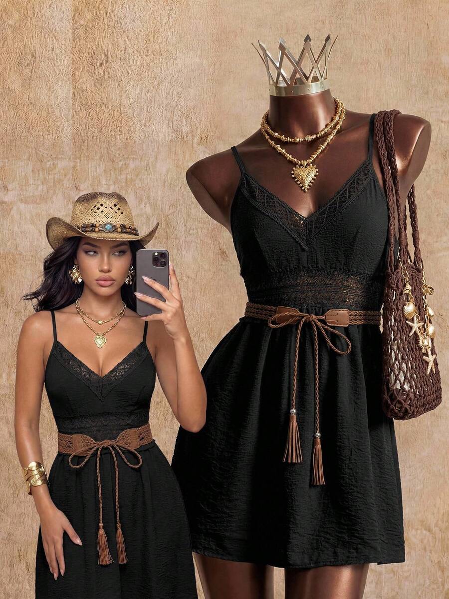 Elin Vora Contrast Guipure Lace Ruffle Trim Cami Dress Vacation Beach Outfits Women - Black - View 1
