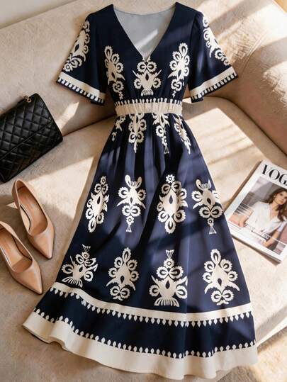 Franclia Đầm nữ thanh lịch, gợi cảm, thích hợp cho công sở, đi biển, đi làm, dự tiệc cocktail lãng mạn, sinh nhật, hòa nhạc, lễ hội, ngày Valentine, lễ hội hóa trang; Đầm hè nữ cổ chữ V xếp ly in hoa phối màu xanh dương tương phản; Đầm in hoa phối màu xanh dương và trắng tương phản; Đầm tay bồng; Đầm chữ A cổ chữ V; Đầm thắt eo; Đầm hè; Đầm đi biển; Trang phục đi biển cho nữ; Đầm dự đám cưới; Đầm tốt nghiệp; Đầm màu xanh navy; Màu xanh navy; Đầm thanh lịch cho nữ; Đầm đi nghỉ mát.