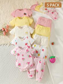 SHEIN 5件套新生儿男女通用可爱套装，连体衣+裤子+帽子，夏季 - 彩色 - 查看 1